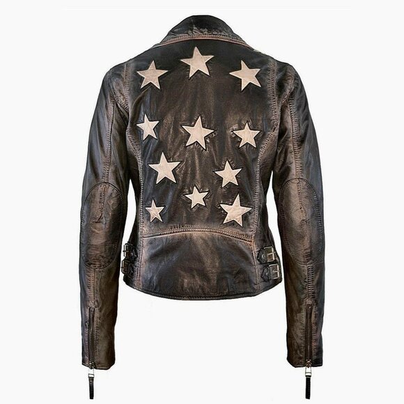 Mauritius Christy Rf Star Detail Leather Jacket, Vintage Black - NEW - Picture 7 of 15